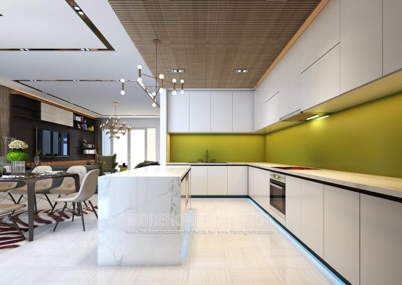 Thiết kế tủ bếp gỗ màu trắng ấn tượng, thiết kế bàn đảo liền kề mang lại sự tinh tế và tiện nghi Thiết kế phòng bếp, tủ bếp đẹp