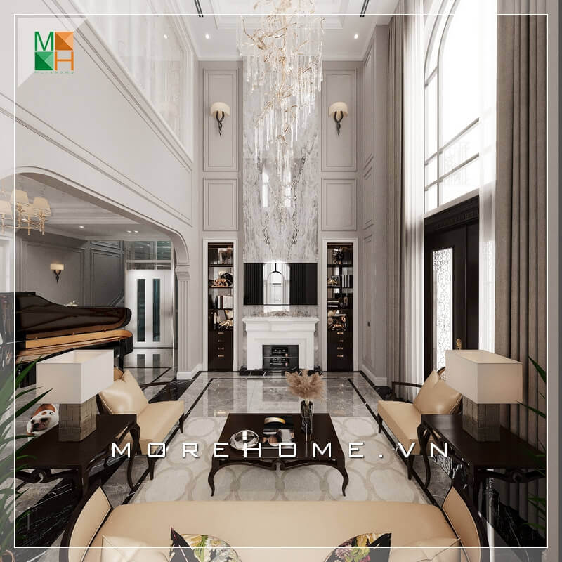 Thiết kế không gian phòng khách cao cấp mang phong cách tân cổ điển Châu Âu cho biệt thự, nhà phố, căn hộ penthouse, chung cư cao cấp với kệ tivi tân cổ điển, bộ bàn ghế sofa gỗ tự nhiên. Mẫu nội thất biệt thự đẹp