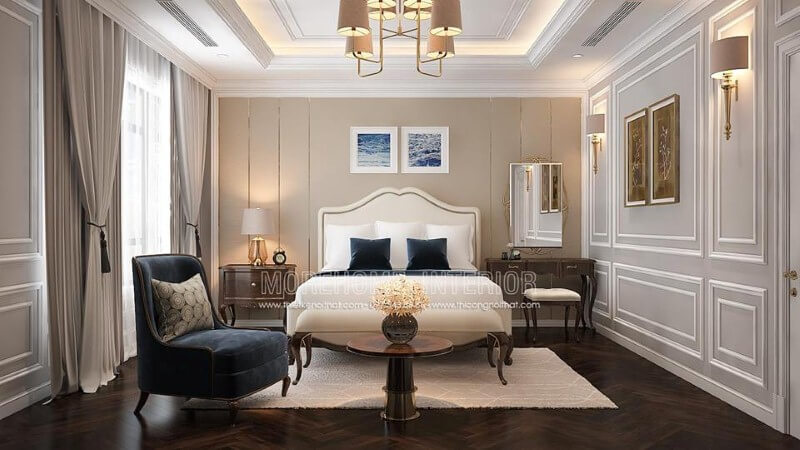 Trang trí phòng ngủ master tân cổ điển sang trọng, quý phái ấn tượng với nội thất gỗ óc chó tự nhiên cao cấp. Thiết kế nội thất phòng ngủ biệt thự