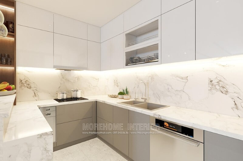 Hệ thống tủ bếp màu trắng, phân tách nhiều ngăn lớn nhỏ đáp ứng nhu cầu sắp xếp đồ nội thất Tủ bếp đẹp, tủ bếp đẹp hiện đại, tủ bếp An Cường, tủ bếp cao cấp