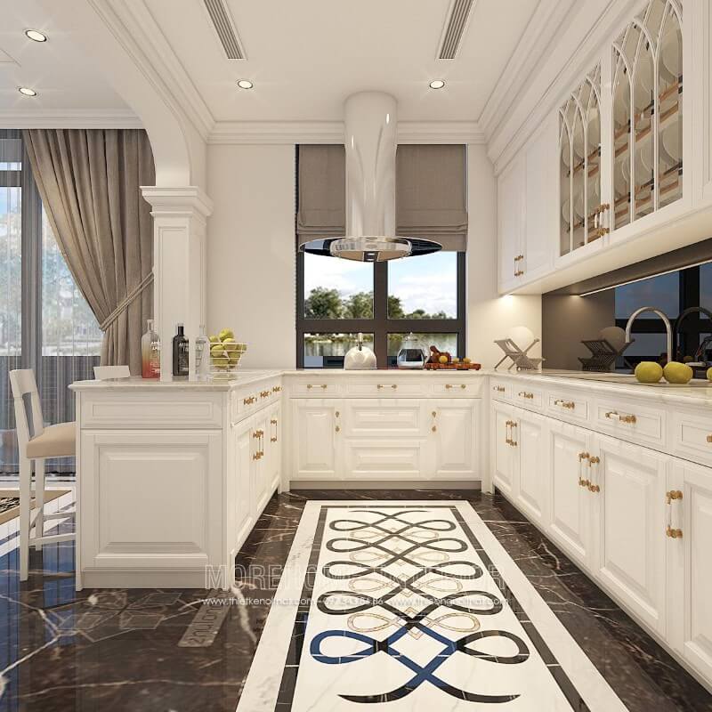 Tủ bếp cao cấp được làm từ chất liệu gỗ sồi nhập khẩu, bên ngoài phun sơn trắng tạo nên sự thanh thoát và nhẹ nhàng hơn Tủ bếp đẹp, tủ bếp đẹp hiện đại, tủ bếp An Cường, tủ bếp cao cấp