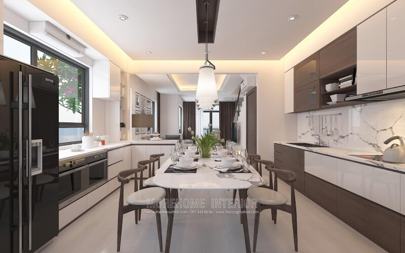 Mẫu tủ bếp gỗ An Cường với gam màu trắng chủ đạo mang lại không gian nhà bếp trẻ trung, thoải mái và đầy sang trọng Tủ bếp đẹp, tủ bếp đẹp hiện đại, tủ bếp An Cường, tủ bếp cao cấp