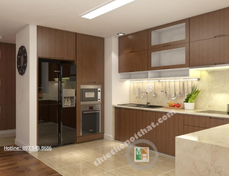 Tủ bếp hiện đại kết hợp tủ bát và kệ gia vị đem đến một phòng bếp đầy đủ công năng Tủ bếp hiện đại, tủ bếp chữ u, tủ bếp chữ i, tủ bếp chữ l