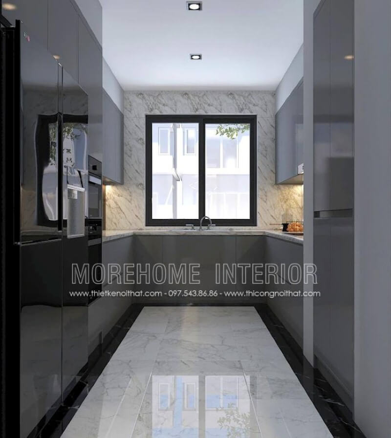 Với phòng bếp không được lớn, bạn nên trang trí nội thất với tủ bếp hình chữ U hiện đại gỗ acrylic trong đây với một bên bố trí tủ lạnh, lò vi sóng, lò nướng một bên là bếp từ nấu và tủ bếp đựng bát đĩa, xoong nồi cần thiết và ở giữa là chậu rửa là một trong những gợi ý giúp không gian bếp được phát huy tối đa công năng. Tủ bếp hiện đại, tủ bếp chữ u, tủ bếp chữ i, tủ bếp chữ l