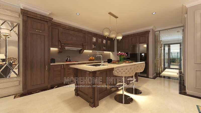 Mẫu tủ bếp gỗ óc chó kiểu dáng chữ i song song này tạo ra nhiều khoảng không gian lưu trữ giúp căn bếp biệt thự gọn gàng, kết hợp với bàn ăn phụ giúp các bạn thoải mái trang trí thêm cho căn bếp thêm sinh động, ấn tượng cũng như có những bữa ăn ngon miệng và nhanh chóng hơn Tủ bếp hiện đại, tủ bếp chữ u, tủ bếp chữ i, tủ bếp chữ l