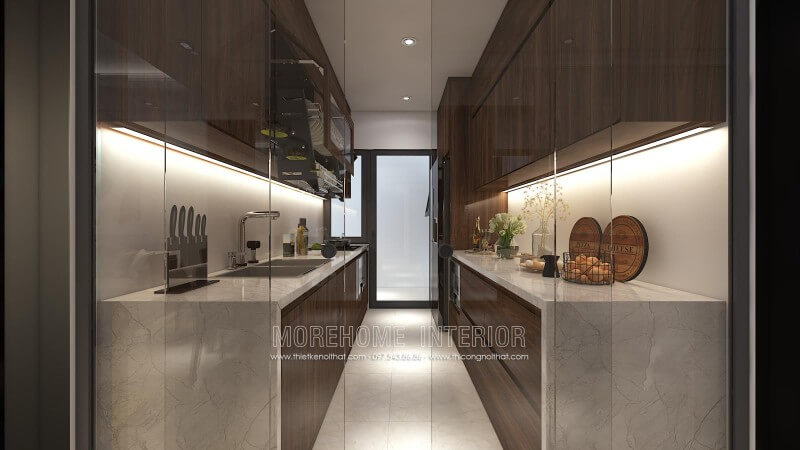 Tủ bếp gỗ An Cường kiểu dáng chữ i nhỏ gọn được đặt song song với nhau phù hợp với không gian nhà bếp nhỏ cũng như tạo thuận tiện hơn cho người nấu nướng di chuyển Tủ bếp hiện đại, tủ bếp chữ u, tủ bếp chữ i, tủ bếp chữ l