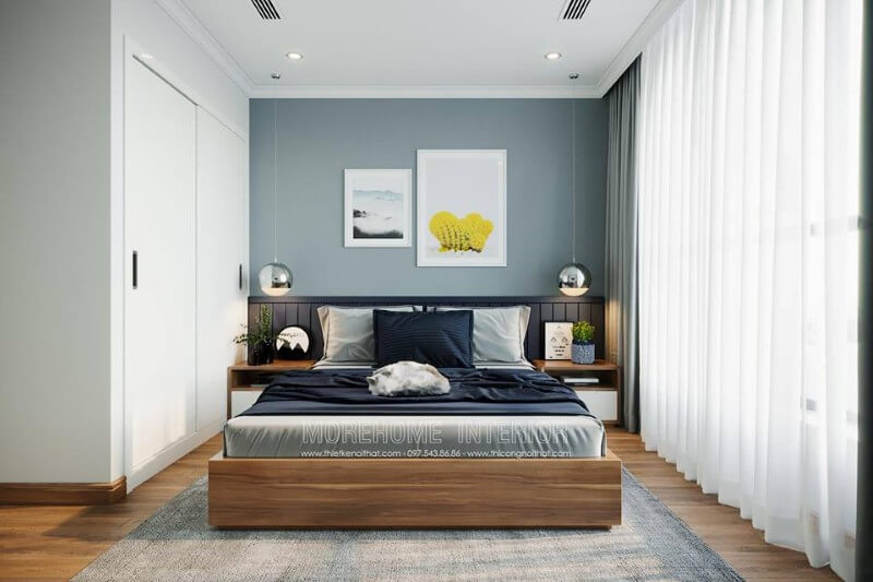 Đồ nội thất như giường ngủ, kệ tivi, tab đầu giường đều làm từ chất liệu gỗ công nghiệp, với thiết kế đẹp mắt, vật liệu an toàn. Thiết kế chung cư