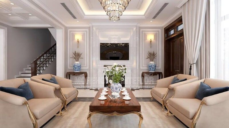 Trang trí nội thất phòng khách tân cổ điển đẹp, sang trọng tại Palm Garden.