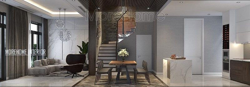 Bố trí phòng khách, bếp ăn hiện đại độc lập nhưng không sử dụng rèm che giúp không gian trở nên thông thoáng, rộng rãi.