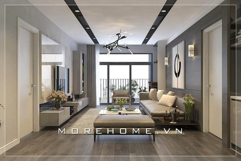 Mẫu kệ tivi ốp tường gỗ công nghiệp sơn bóng hiện đại, đơn giản và ấn tượng cho không gian phòng khách chung cư