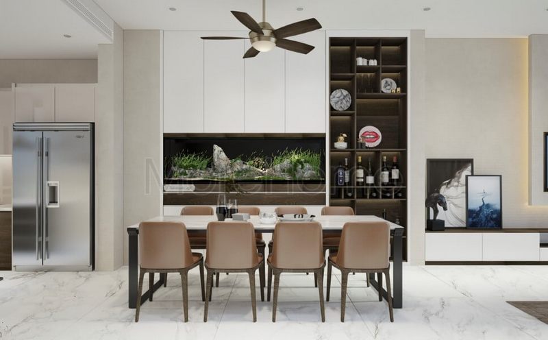 Kệ tủ rượu được làm bằng gỗ với thiết kế nhẹ nhàng để trang trí phòng ăn và tạo nên một phòng bếp hiện đại.