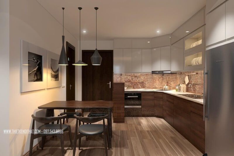 Mẫu tủ bếp hiện đại chữ L được uốn cong theo đường cong của tường, tạo nên một vòng cung mềm mại. Hệ tủ bếp đa năng này giúp gia chủ nấu nướng nhanh chóng và thuận tiện hơn.