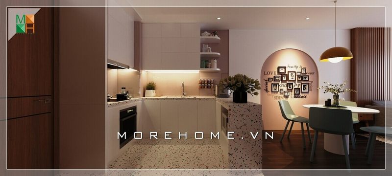 Mẫu thiết kế nội thất phòng ăn chung cư được tách biệt bếp và bàn ăn bởi một vách ngăn dạng quầy bar, đem lại cho không gian nhà một vẻ đẹp và hiện đại hơn.